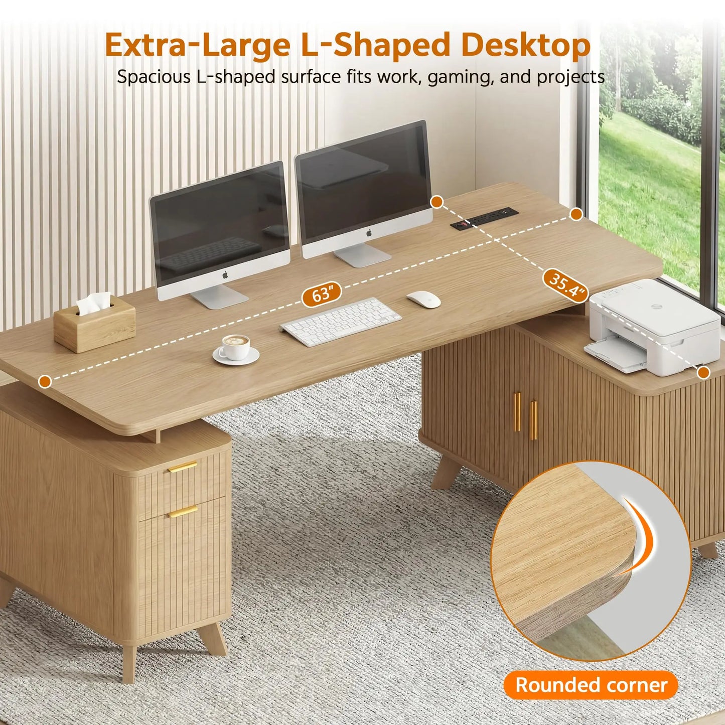 Hearthgrove L-Shaped Desk with Storage Cabinet & Charging Station