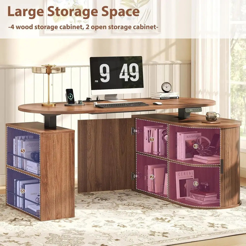 Walnut L-Shaped Standing Desk with Storage Cabinet & Bookshelf
