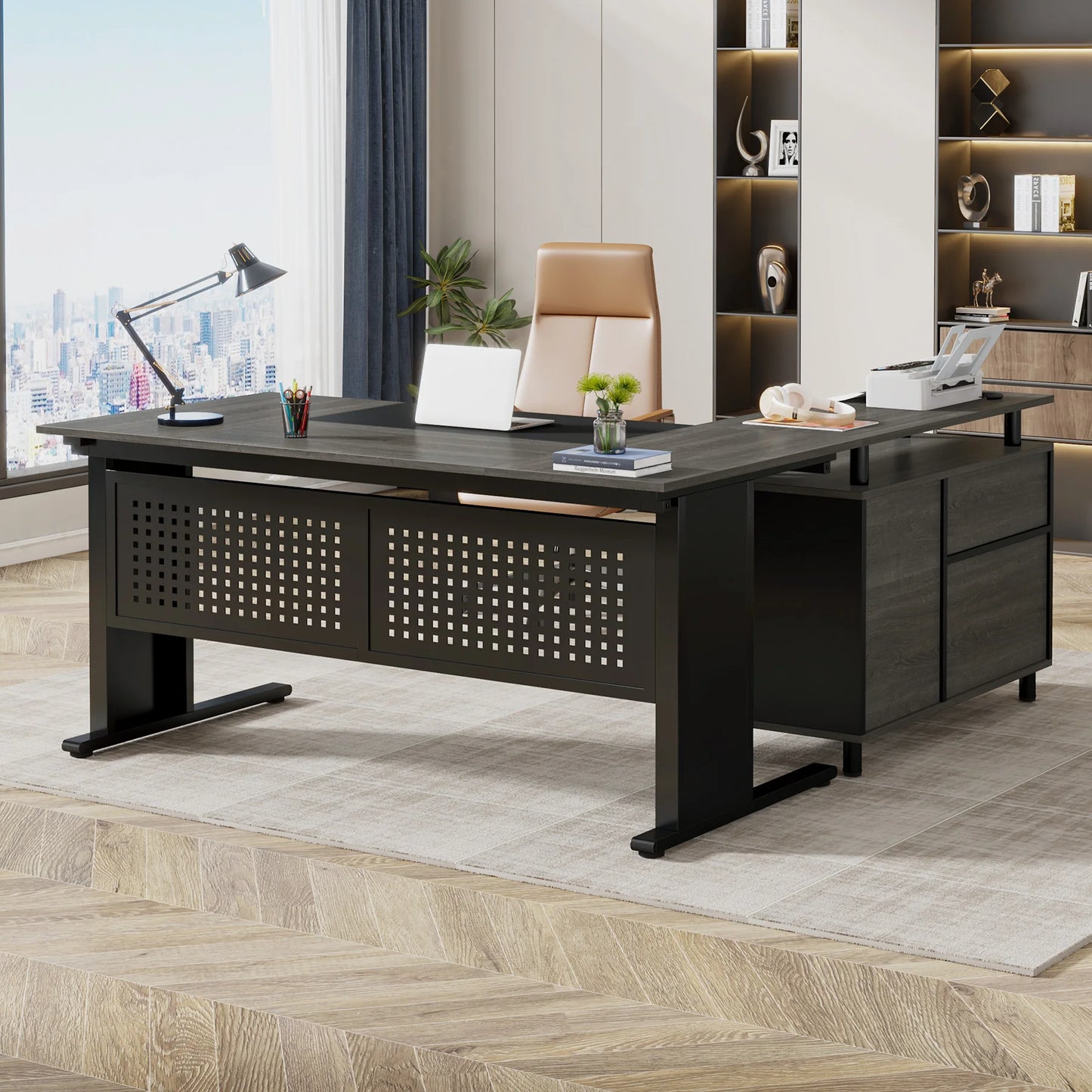 Parkview L-Shaped Executive Desk with Storage Cabinet & File Drawer