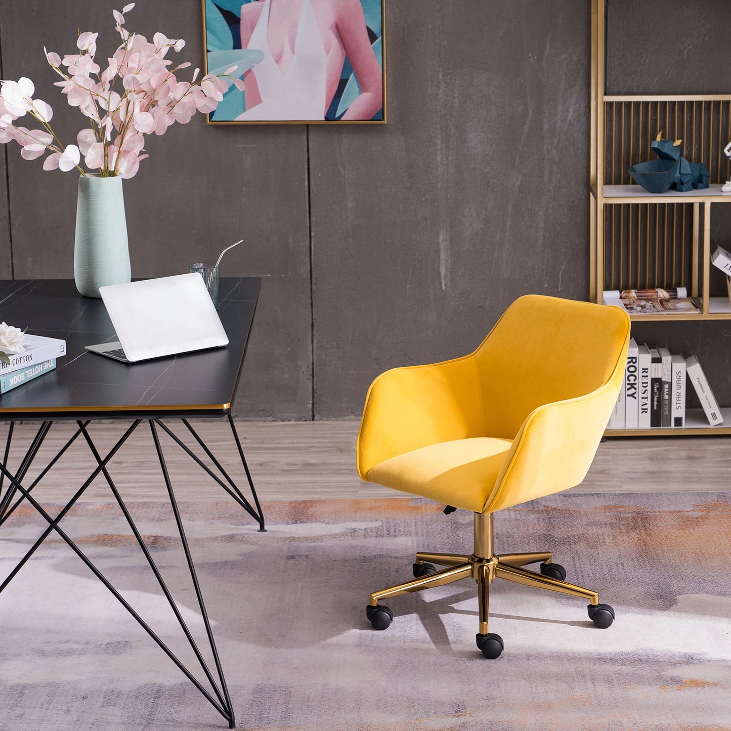 Yellow Velvet Swivel Office Chair
