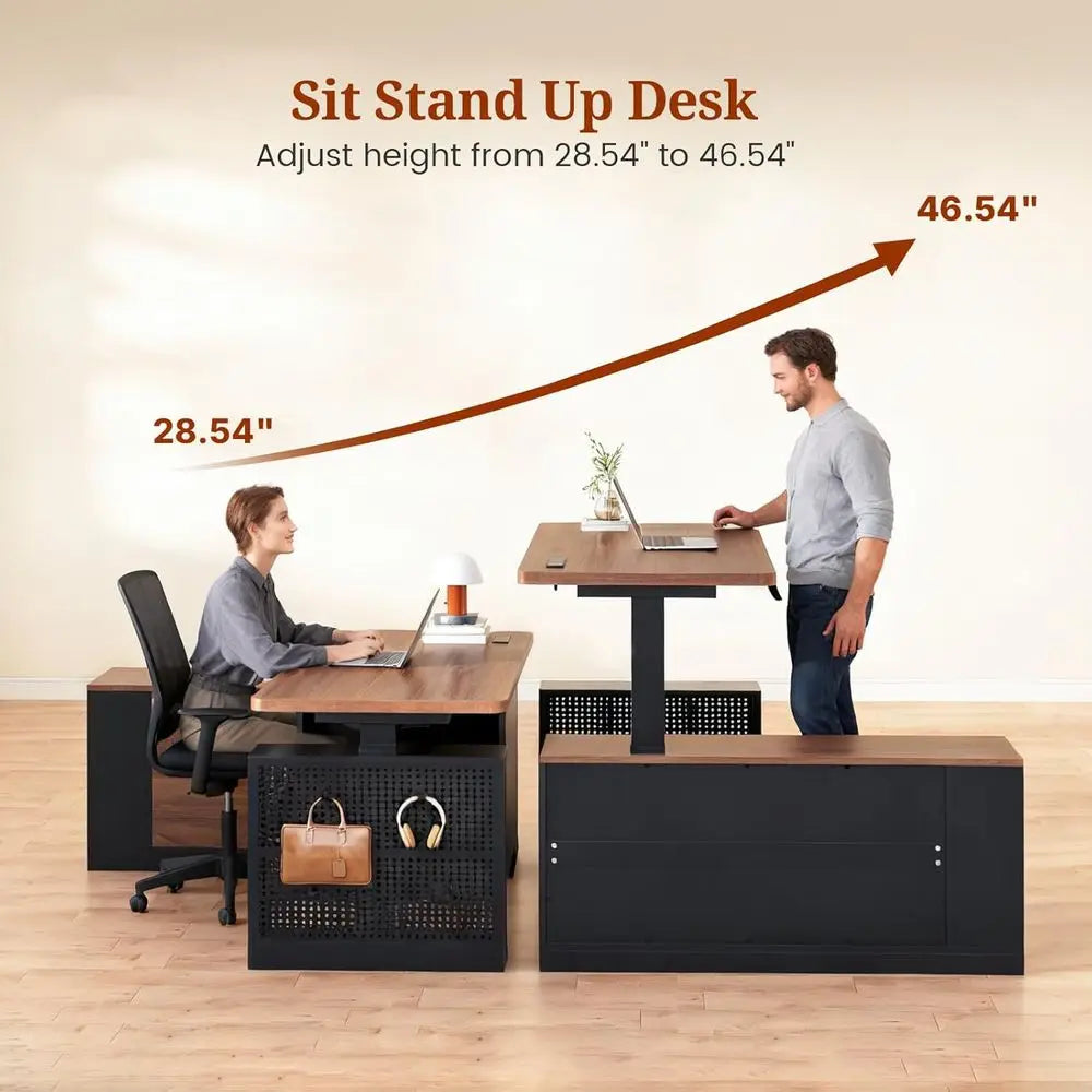 Nexus Electric L-Shaped Standing Desk with Shelving & Power Hub