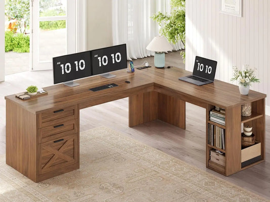Farmhouse L-Shaped Desk with File Drawer & Built-In Charging Station