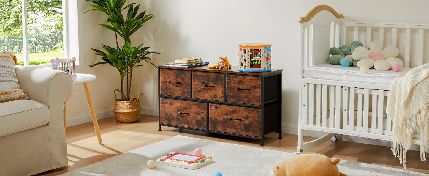 Modern 5-Drawer Storage Cabinet with Wood Top & Metal Frame
