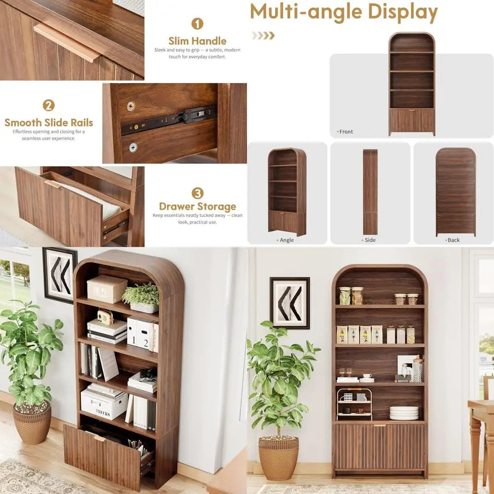 Arched Wood Bookcase with Drawer & Open Display Shelves