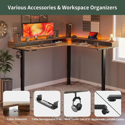 Premium L-Shaped Electric Standing Desk with Triple-Motor Lift & Storage