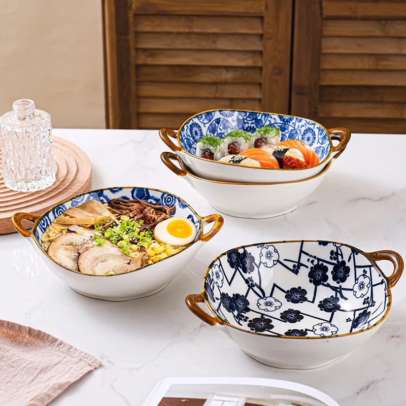Japanese Ceramic Noodle Bowl w/ Handles