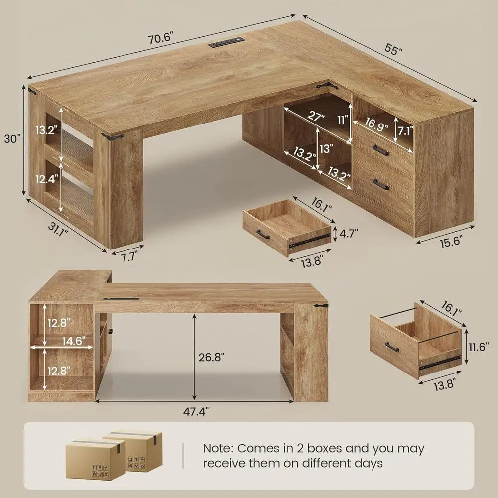L-Shaped Oak Executive Desk