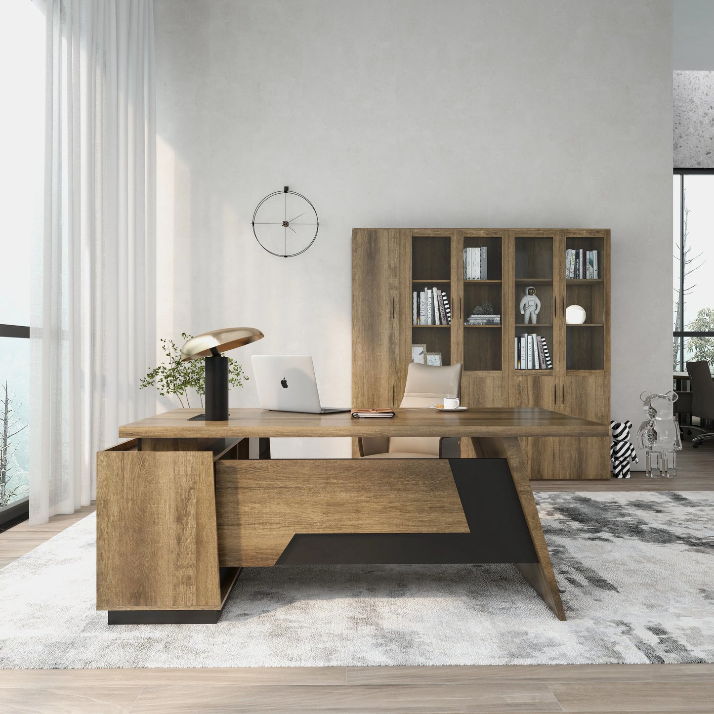 Executive L-Shaped Wooden Office Desk with Storage Cabinet