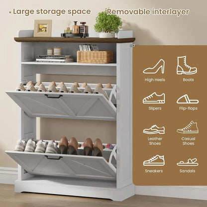 Double-Layer Shoe Cabinet with Hooks