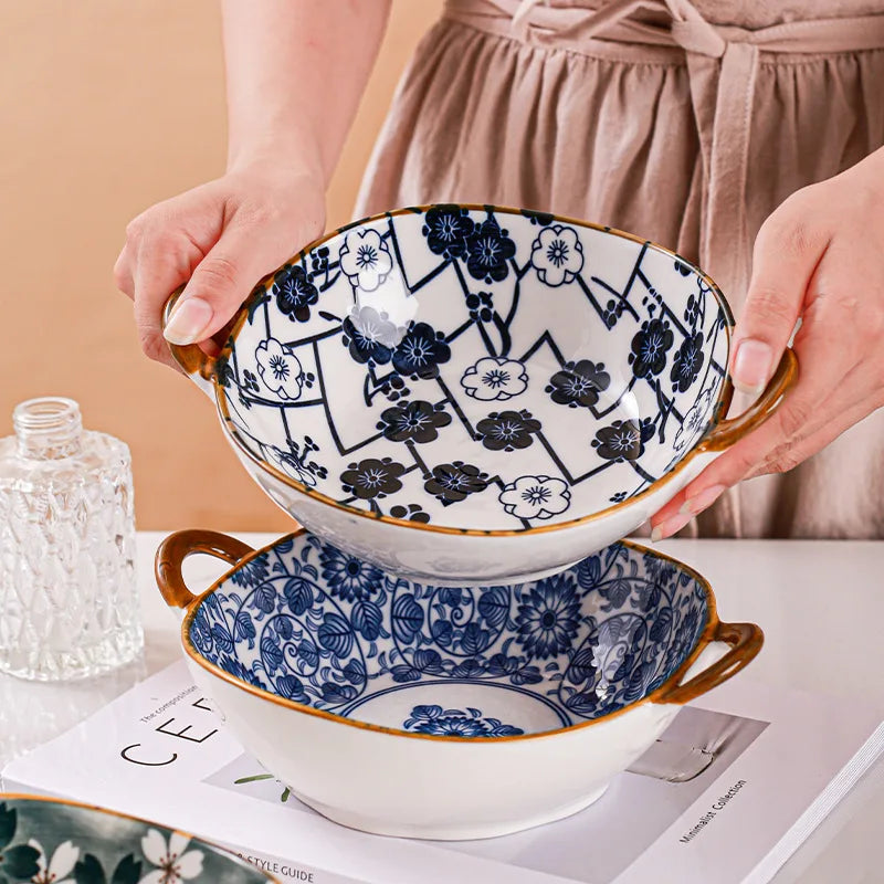 Japanese Ceramic Noodle Bowl w/ Handles