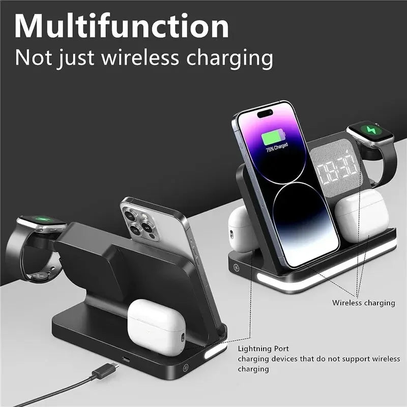AuraCharge Pro 6-in-1 Wireless Charging Station with LED Clock