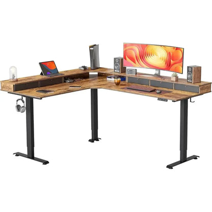 Premium L-Shaped Electric Standing Desk with Triple-Motor Lift & Storage