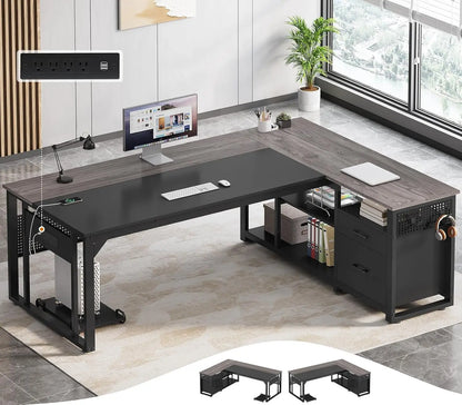 Valmere L-Shaped Desk with Storage Cabinet, File Drawer & Charging Station