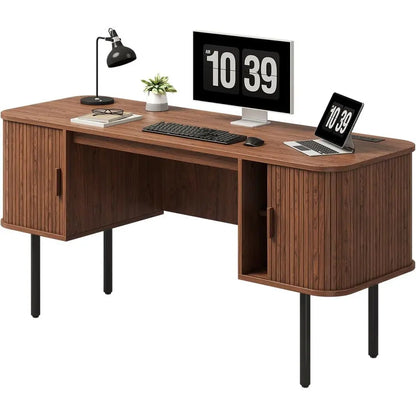 Walnut L-Shaped Desk with Charging Station