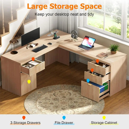 Oak L-Shaped Desk with Charging Station