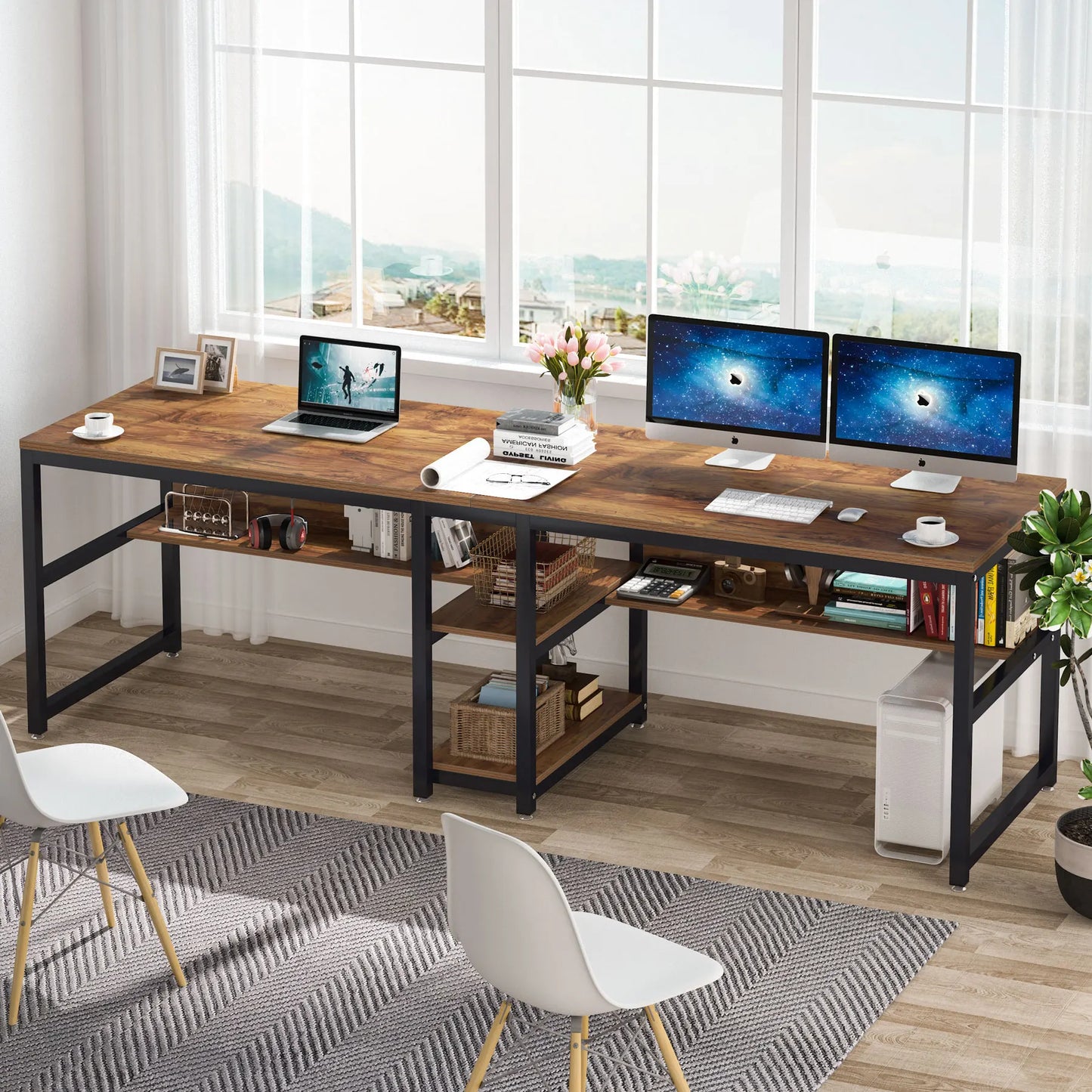 Two-Person Desk with Bookshelf
