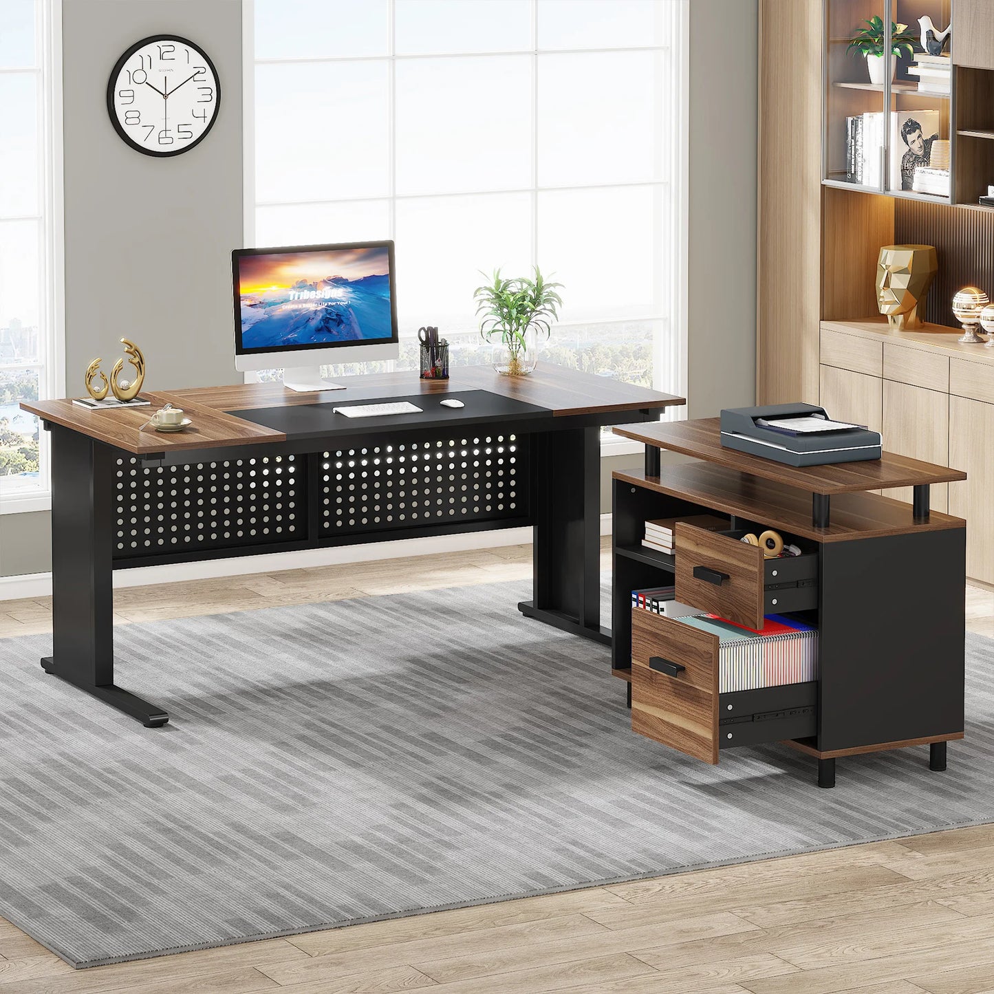 Parkview L-Shaped Executive Desk with Storage Cabinet & File Drawer