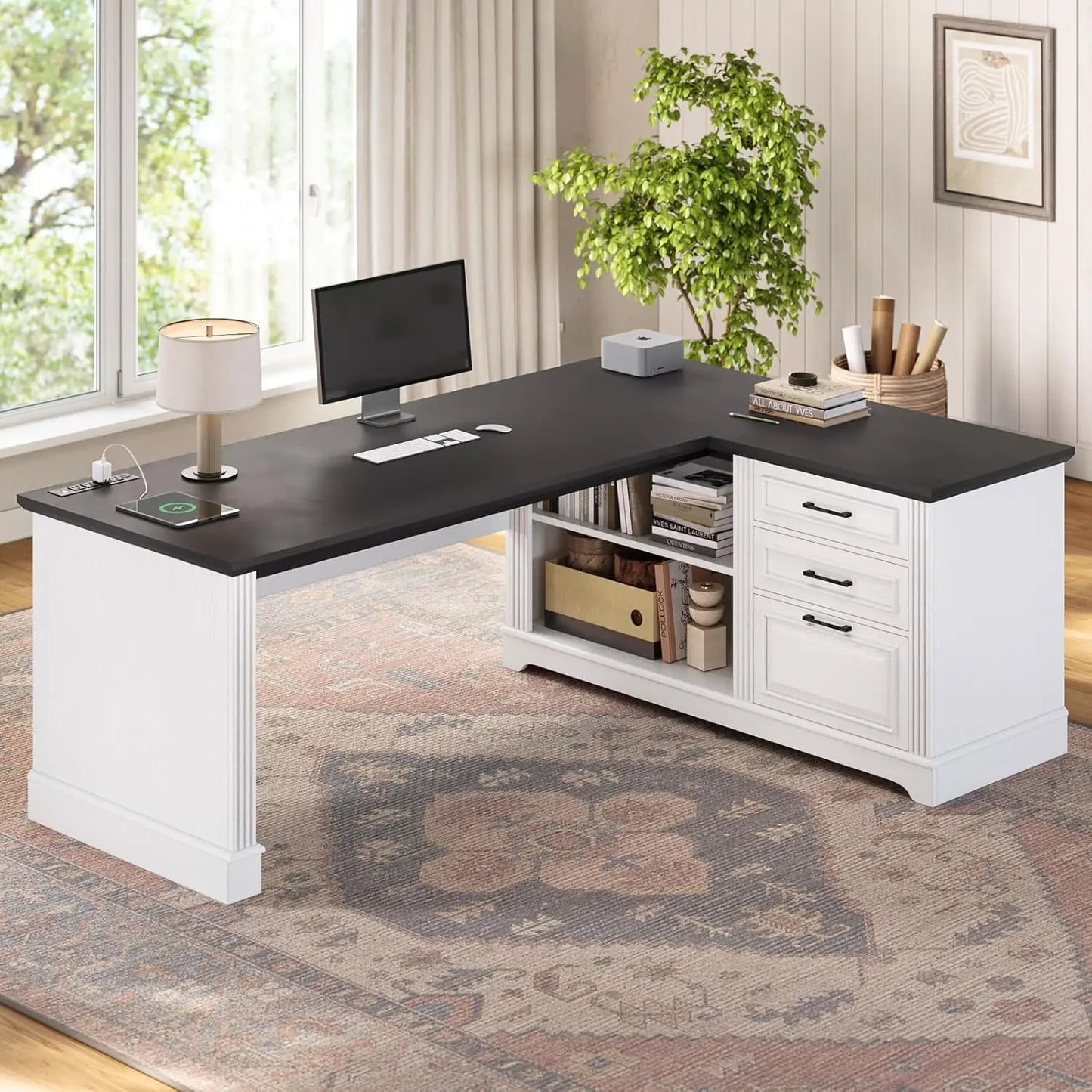 Farmhouse L-Shaped Desk with File Drawer & Built-In Charging Station