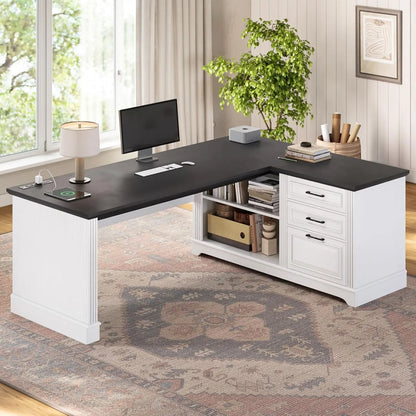 Farmhouse L-Shaped Desk with File Drawer & Built-In Charging Station