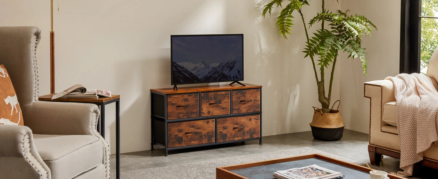 Modern 5-Drawer Storage Cabinet with Wood Top & Metal Frame