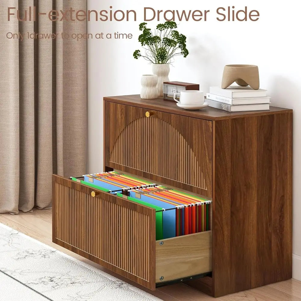 Premium Walnut Filing Cabinet with Fluted Drawers & Spacious Storage