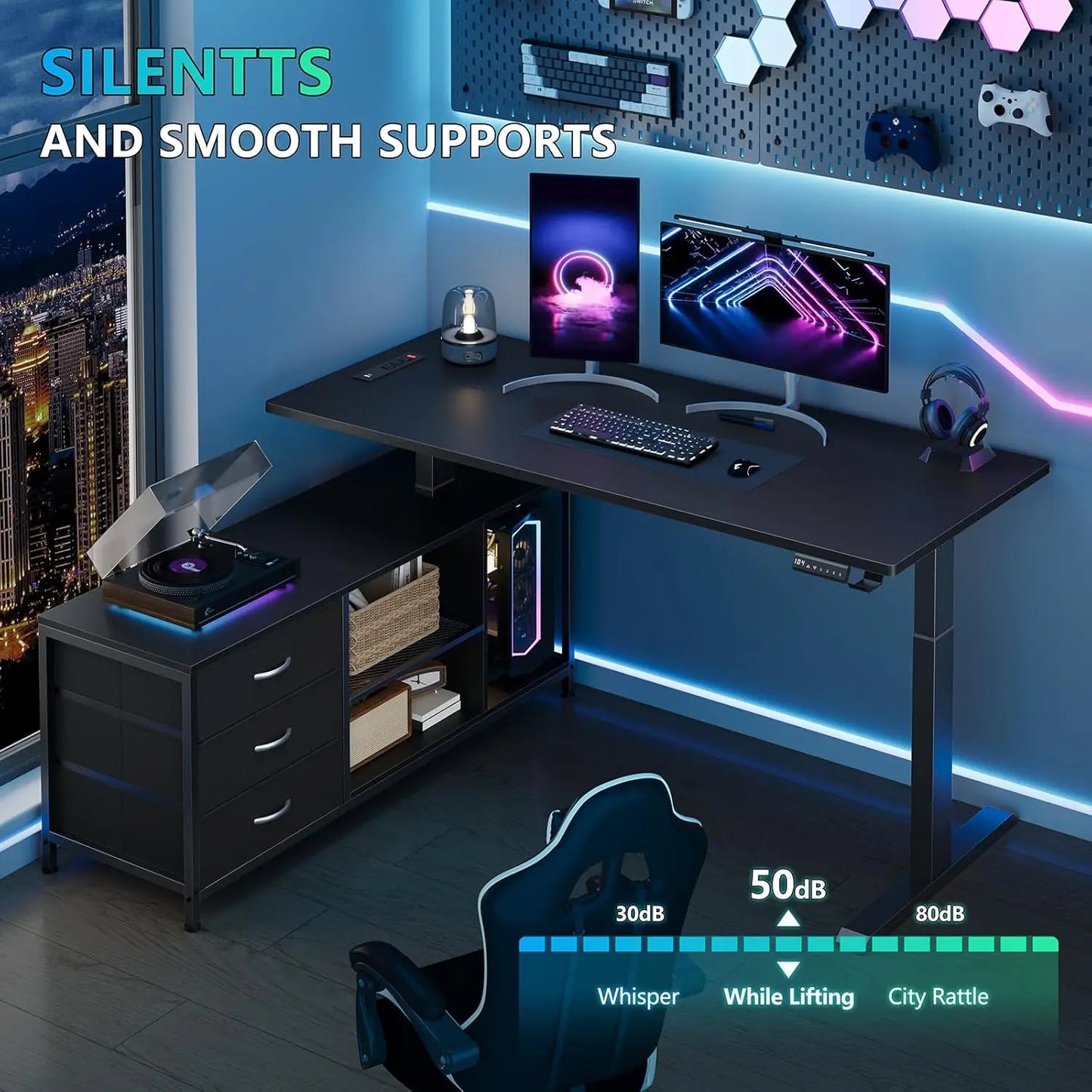 Premium L-Shaped Electric Standing Desk with Integrated Storage & Charging Station