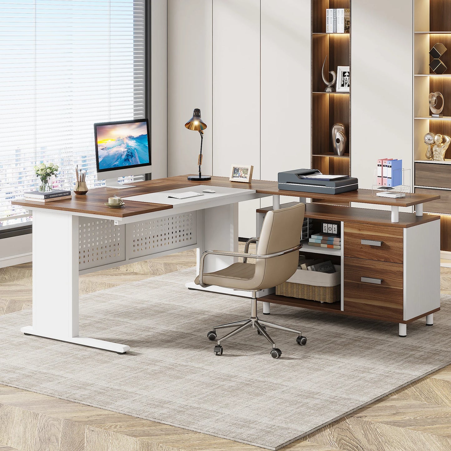 Parkview L-Shaped Executive Desk with Storage Cabinet & File Drawer
