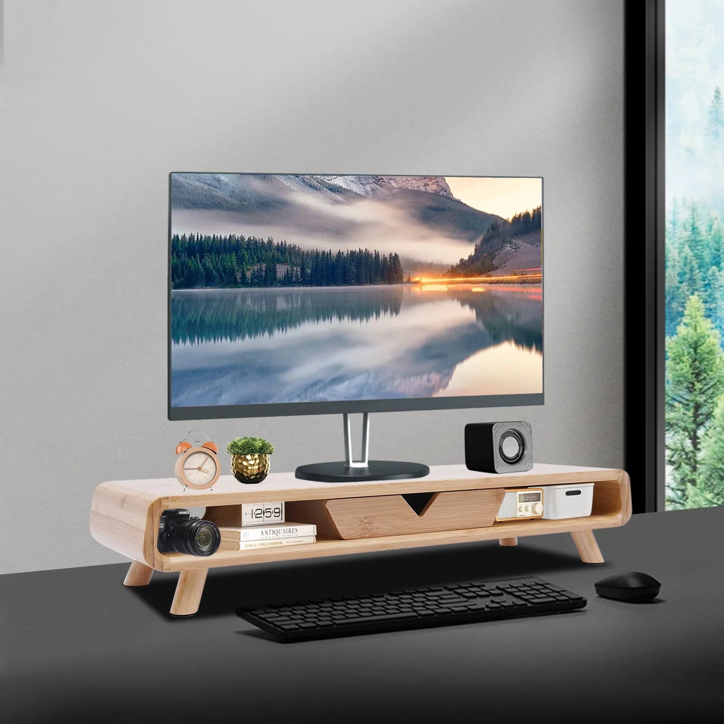 Bamboo Monitor Stand with Storage Drawer & Desk Organizer