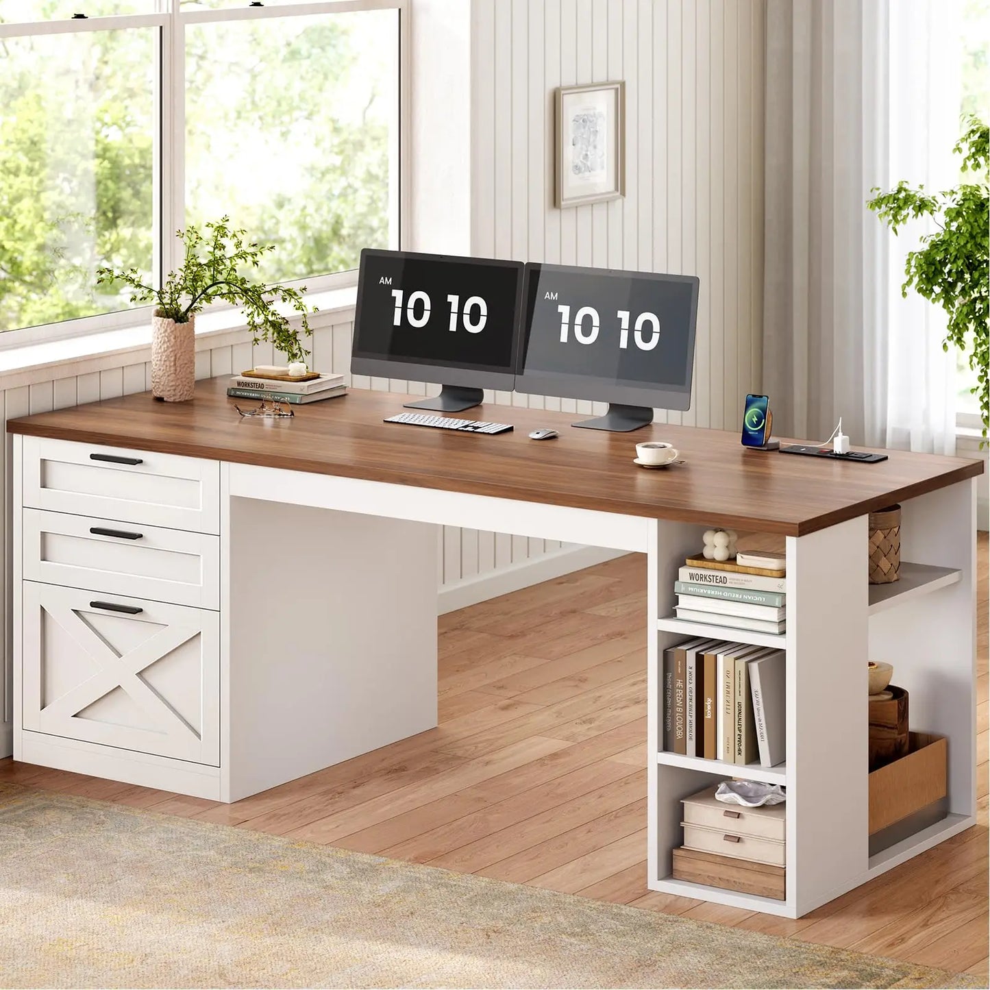 Hearthwood Farmhouse L-Shaped Desk with Drawers & Charging Station