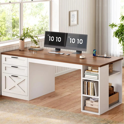 Hearthwood Farmhouse L-Shaped Desk with Drawers & Charging Station