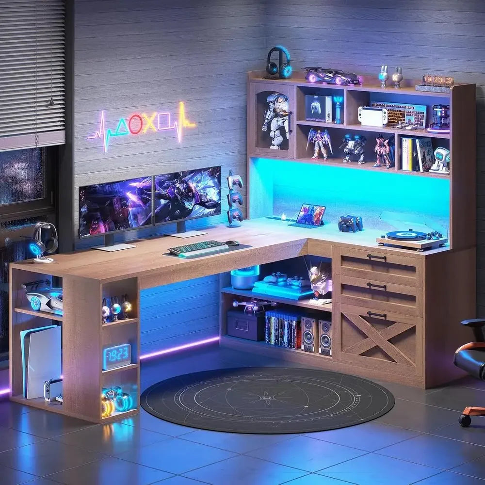 Hearthstone L-Shaped Desk with Display Cabinet & LED Lighting
