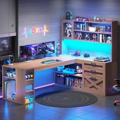 Hearthstone L-Shaped Desk with Display Cabinet & LED Lighting