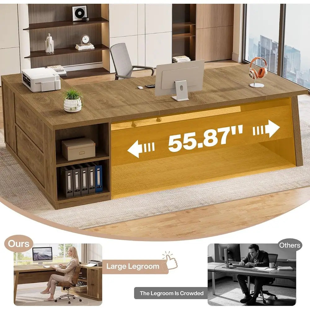 Oak Brown L-Shaped Executive Desk