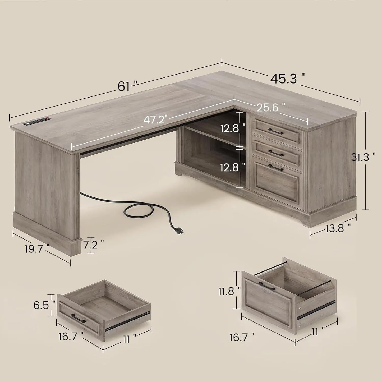 Farmhouse L-Shaped Desk with File Drawer & Built-In Charging Station