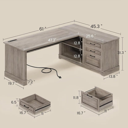 Farmhouse L-Shaped Desk with File Drawer & Built-In Charging Station