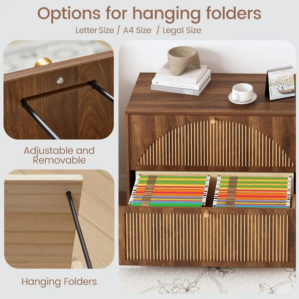 Premium Walnut Filing Cabinet with Fluted Drawers & Spacious Storage