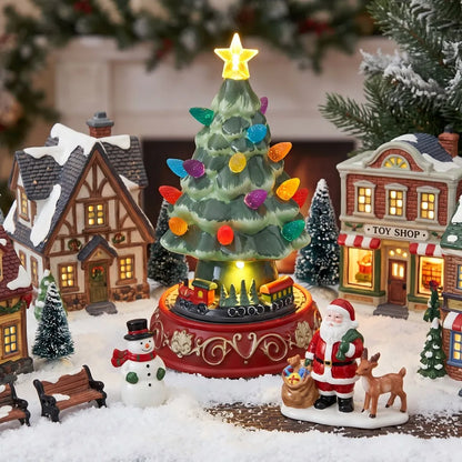 Lighted Ceramic Christmas Village Tree | LED Tree with Rotating Train Base