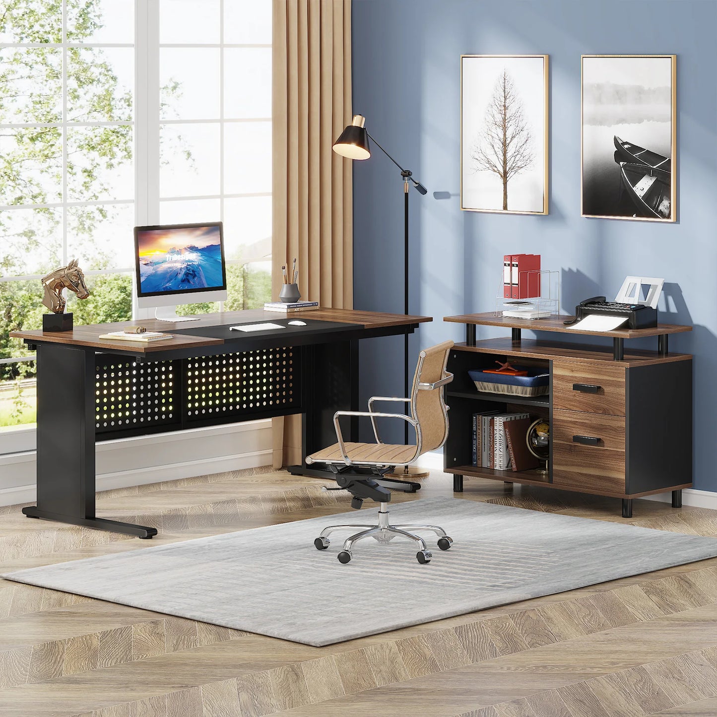 Parkview L-Shaped Executive Desk with Storage Cabinet & File Drawer