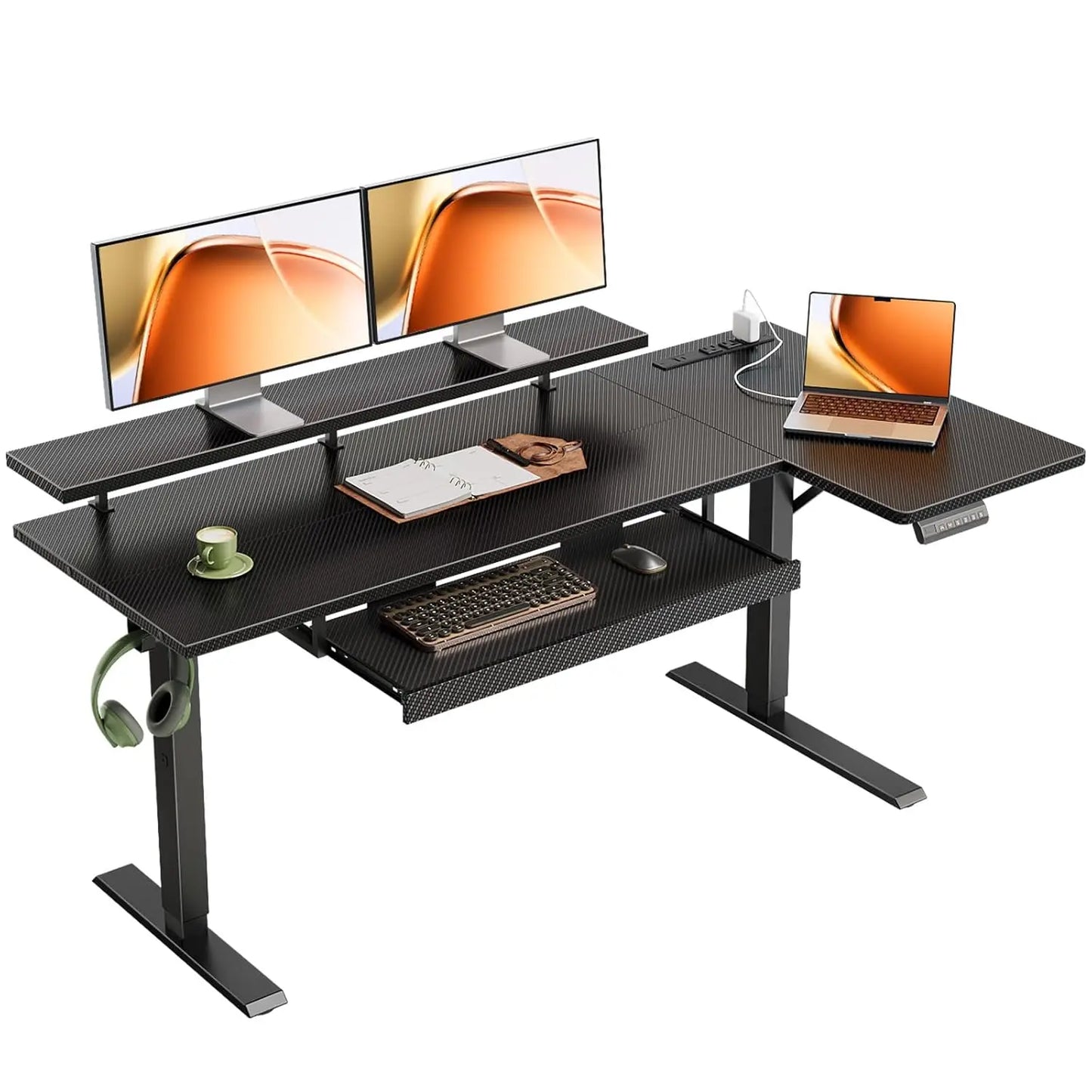 Electric L-Shaped Standing Desk with Keyboard Tray & Charging Station