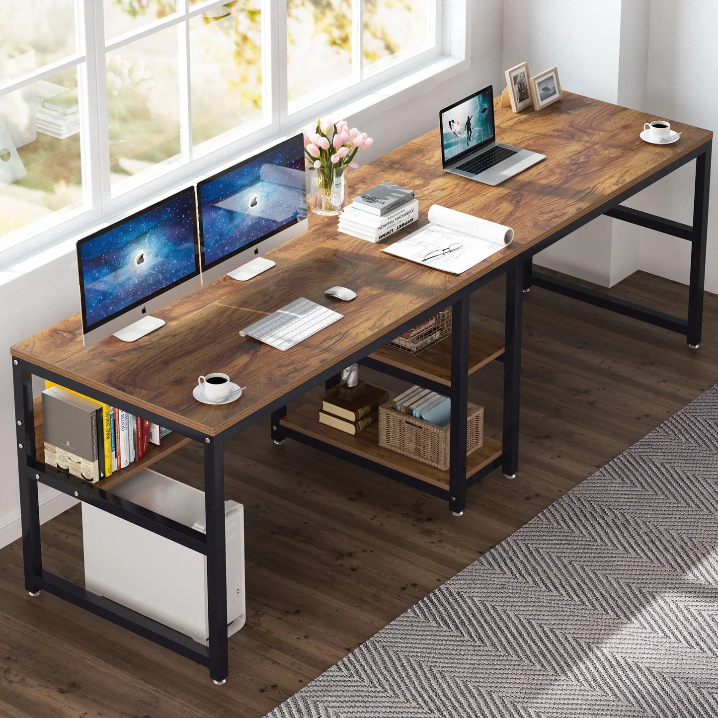 Two-Person Desk with Bookshelf