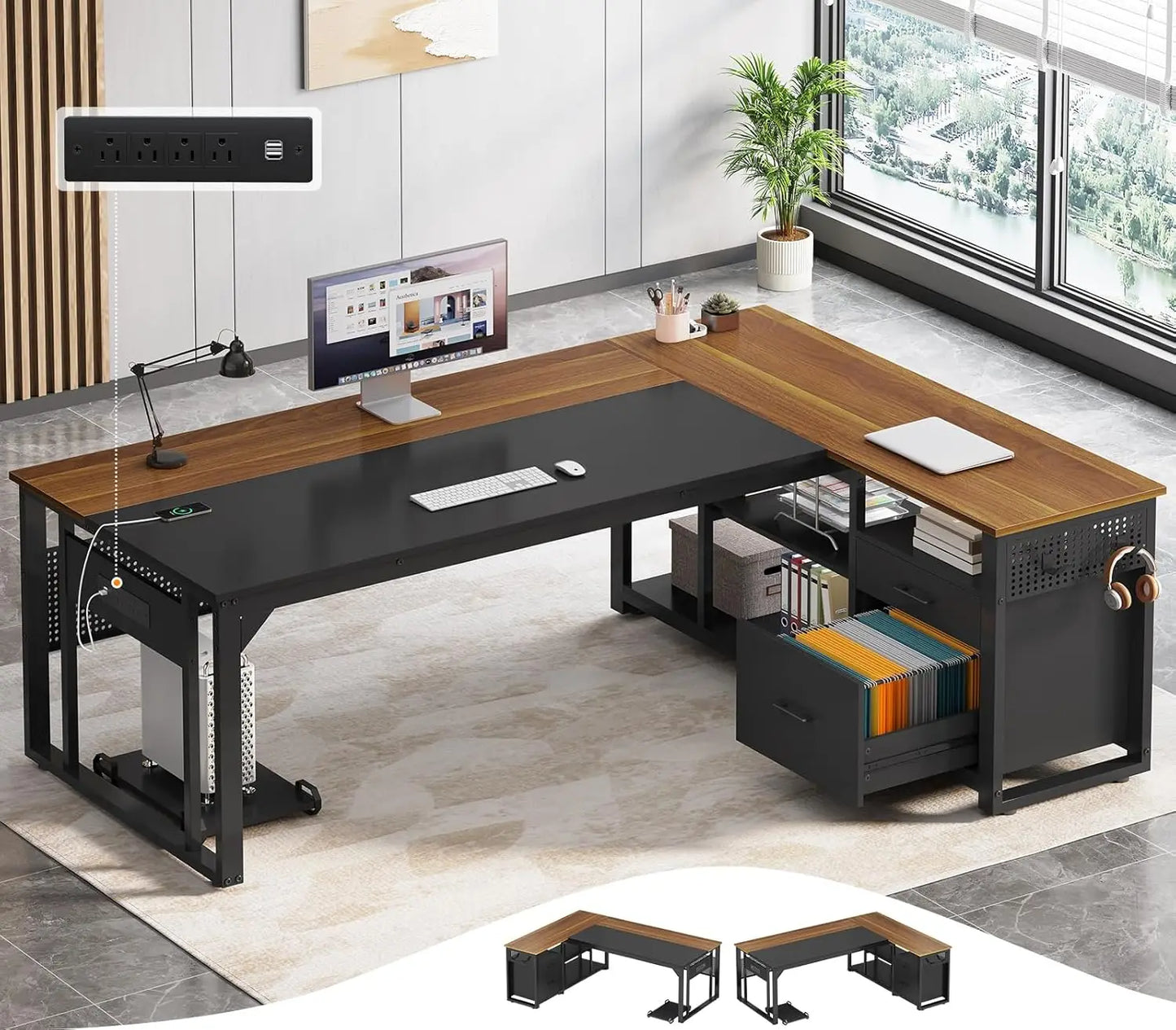 Valmere L-Shaped Desk with Storage Cabinet, File Drawer & Charging Station