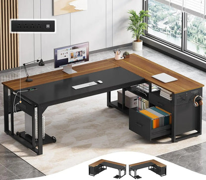 Valmere L-Shaped Desk with Storage Cabinet, File Drawer & Charging Station