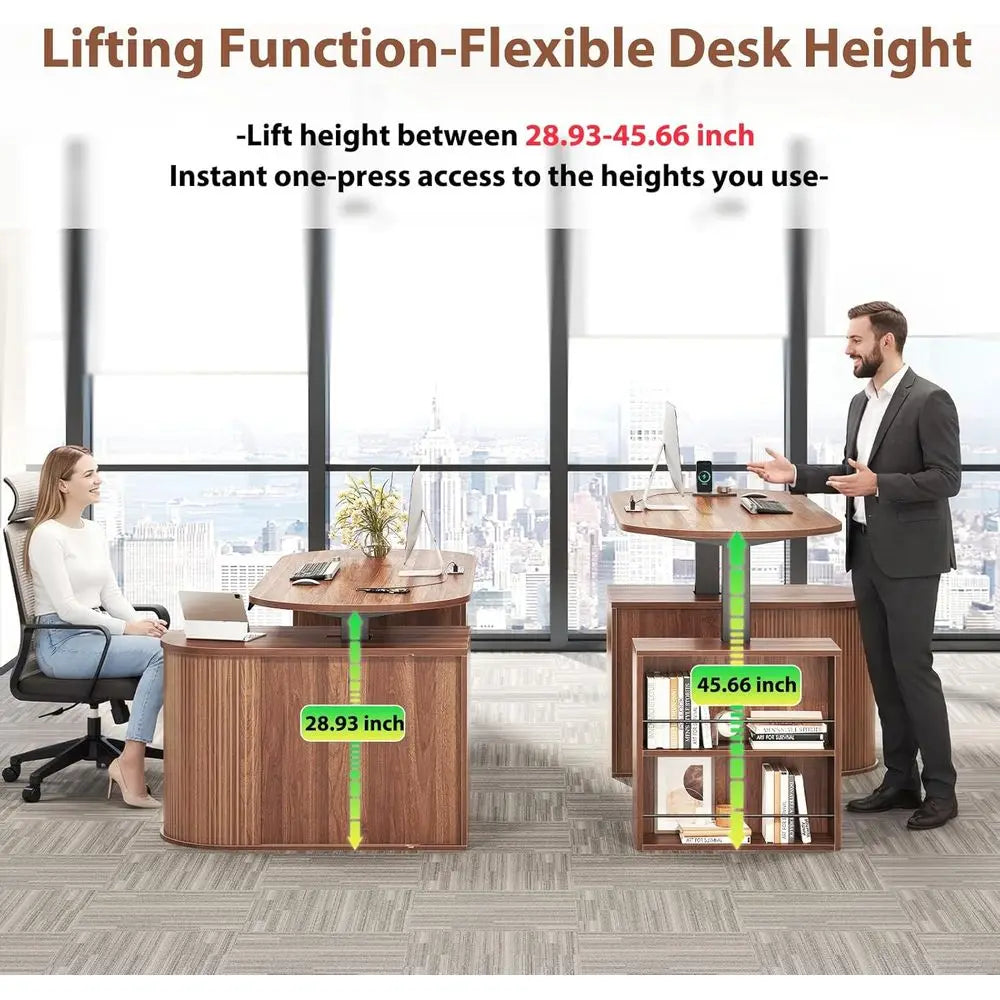 Walnut L-Shaped Standing Desk with Storage Cabinet & Bookshelf