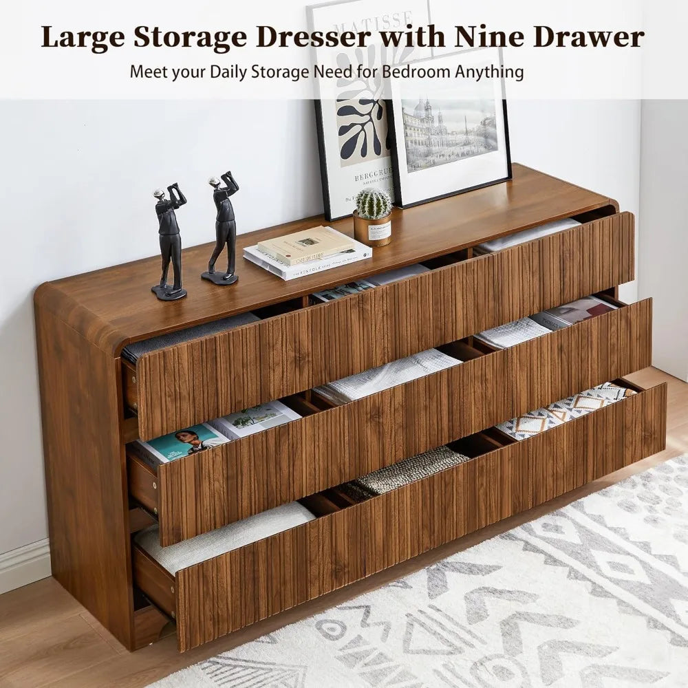 Premium 9-Drawer Wood Dresser with Fluted Modern Design
