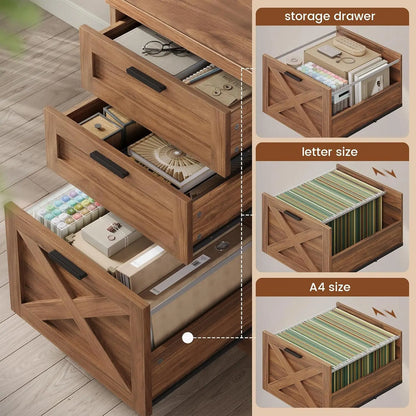 Farmhouse L-Shaped Desk with File Drawer & Built-In Charging Station