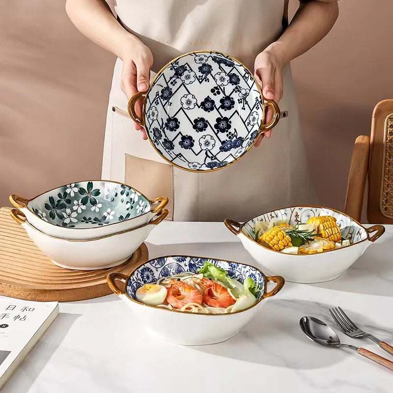 Japanese Ceramic Noodle Bowl w/ Handles