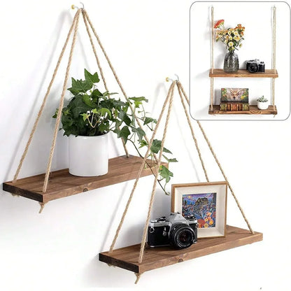 Wooden Hemp Rope Hanging Shelf