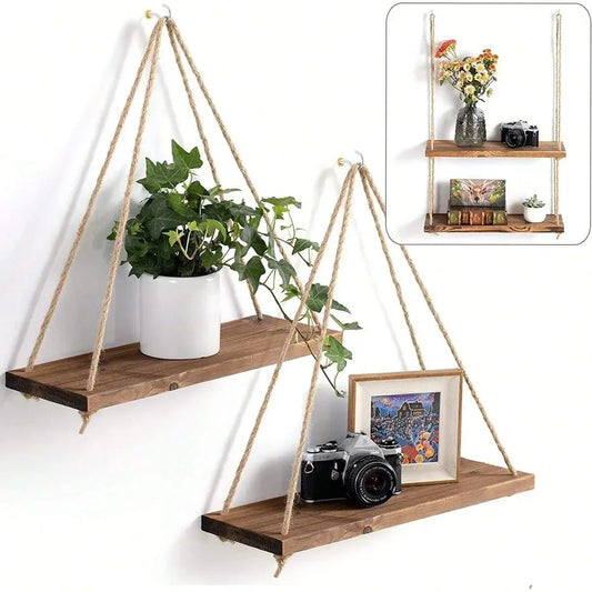Wooden Hemp Rope Hanging Shelf