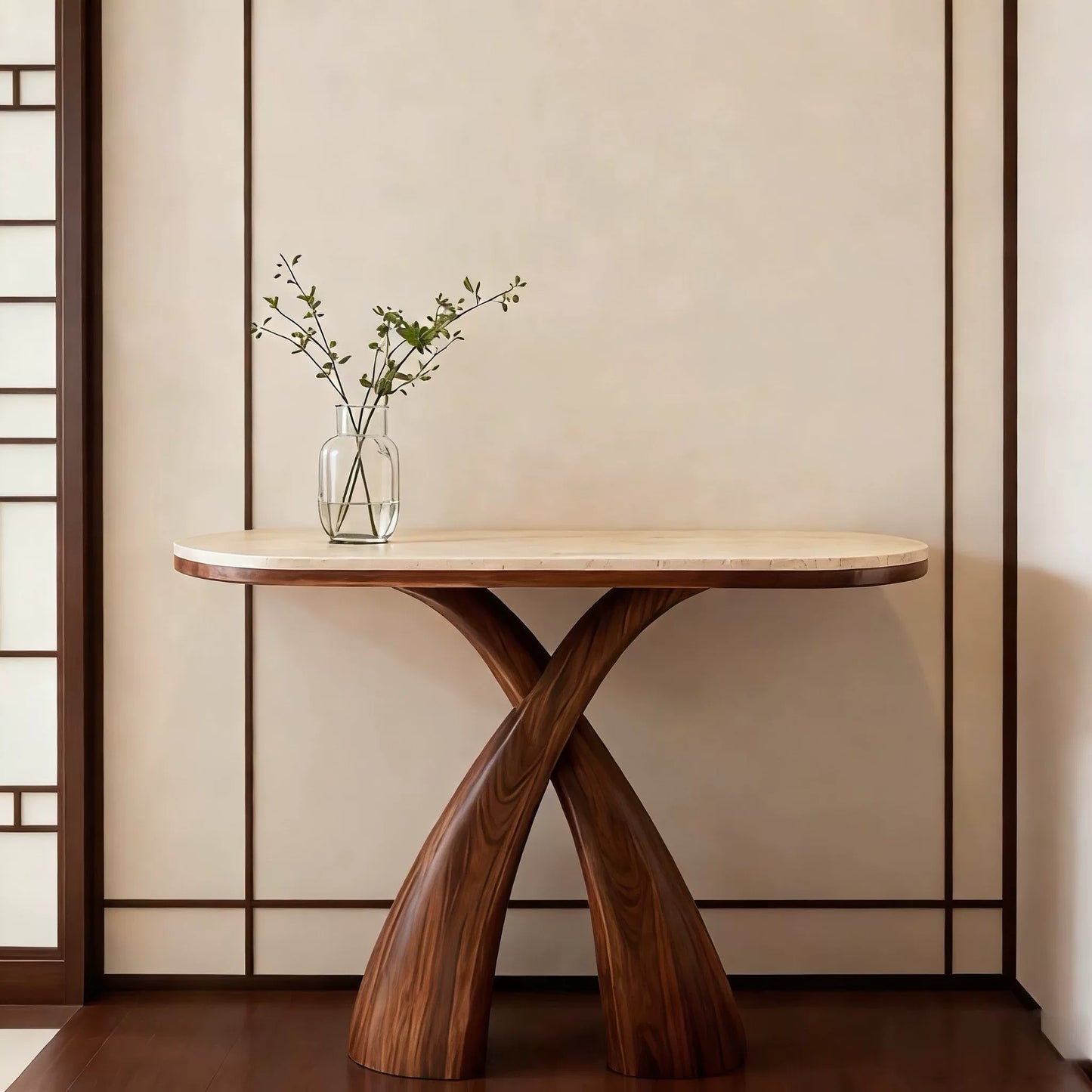 Sculptural Walnut & Travertine Console Table