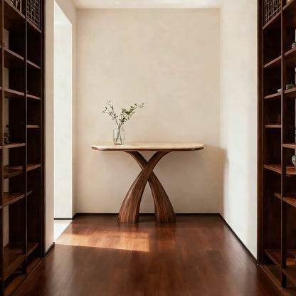 Sculptural Walnut & Travertine Console Table
